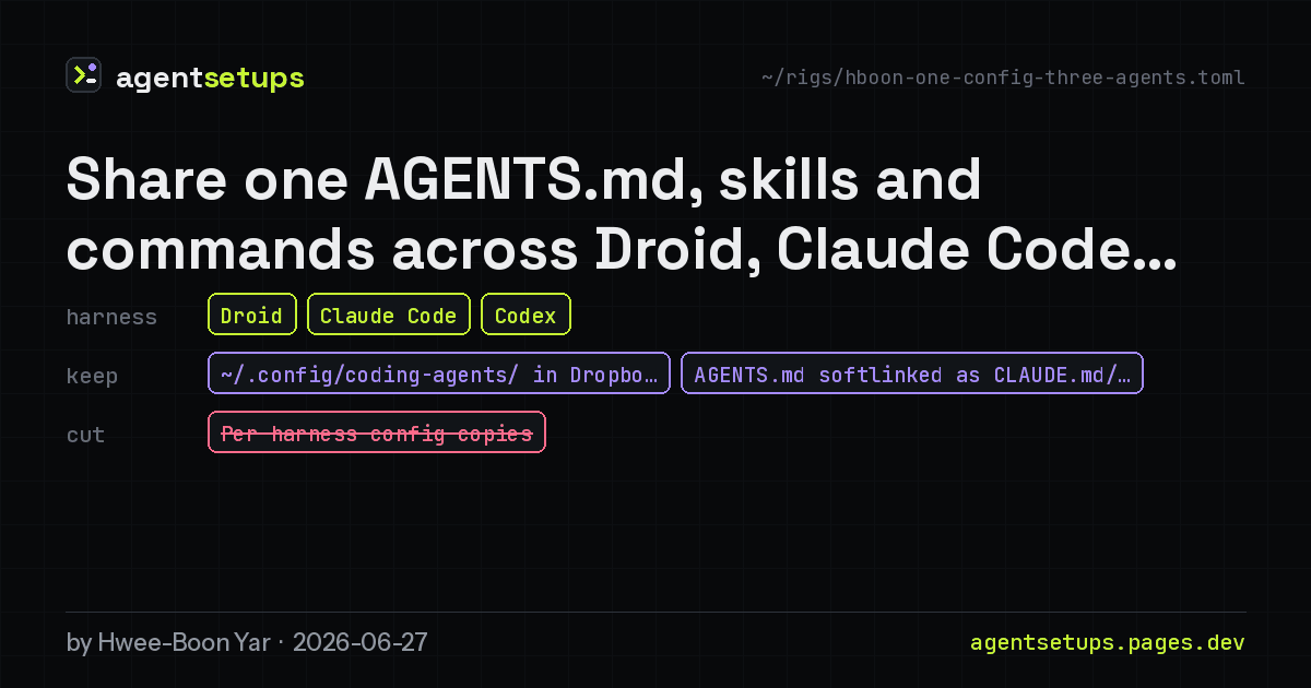 Share image: Share one AGENTS.md, skills and commands across Droid, Claude Code and Codex